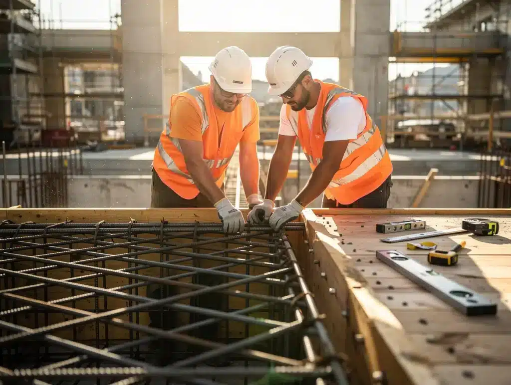 Des ouvriers en train de réaliser un coffrage en béton pour une construction d'immeuble