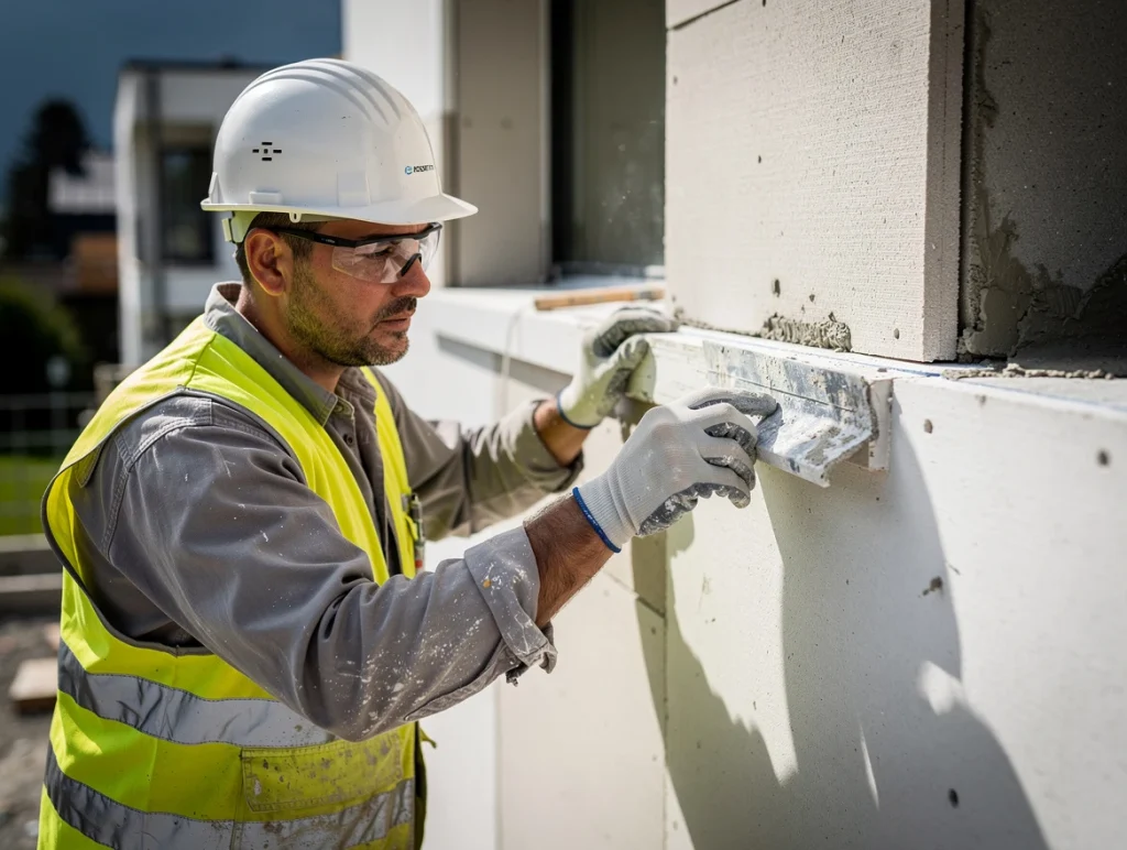 Un ouvrier qui construit une maison et s'occupe de finition