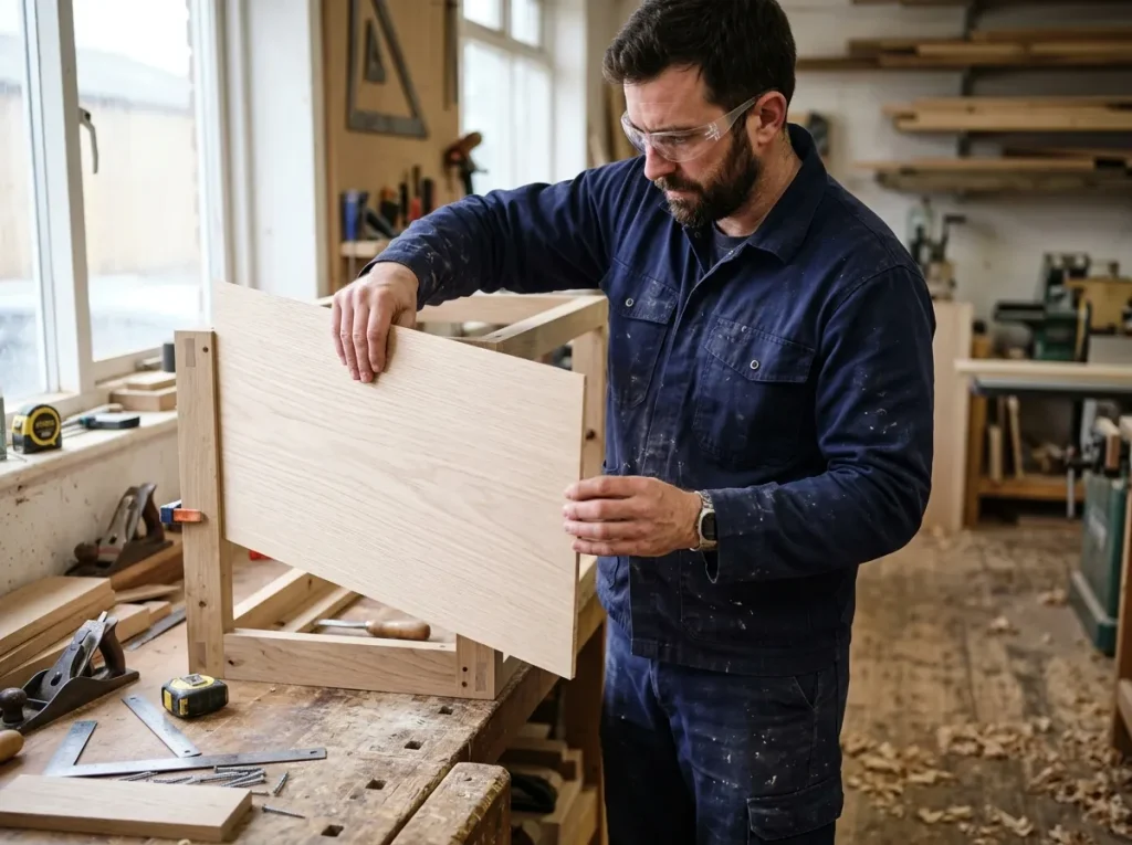 un menuisier dans un atelier coupant une étagère sur mesure en bois