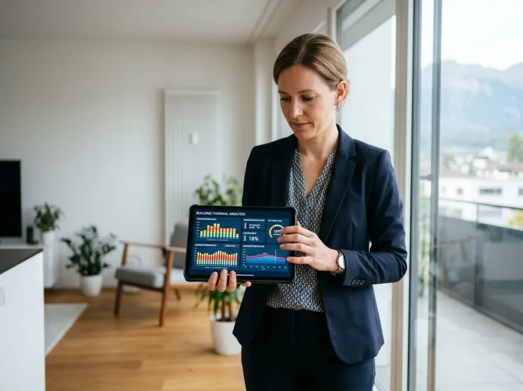 une femme qui présente un audit énergétique sur sa tablette