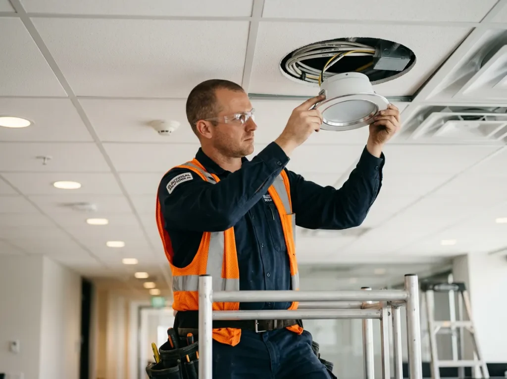Un ouvrier installant un systeme d'éclairage dans un bureau commercial