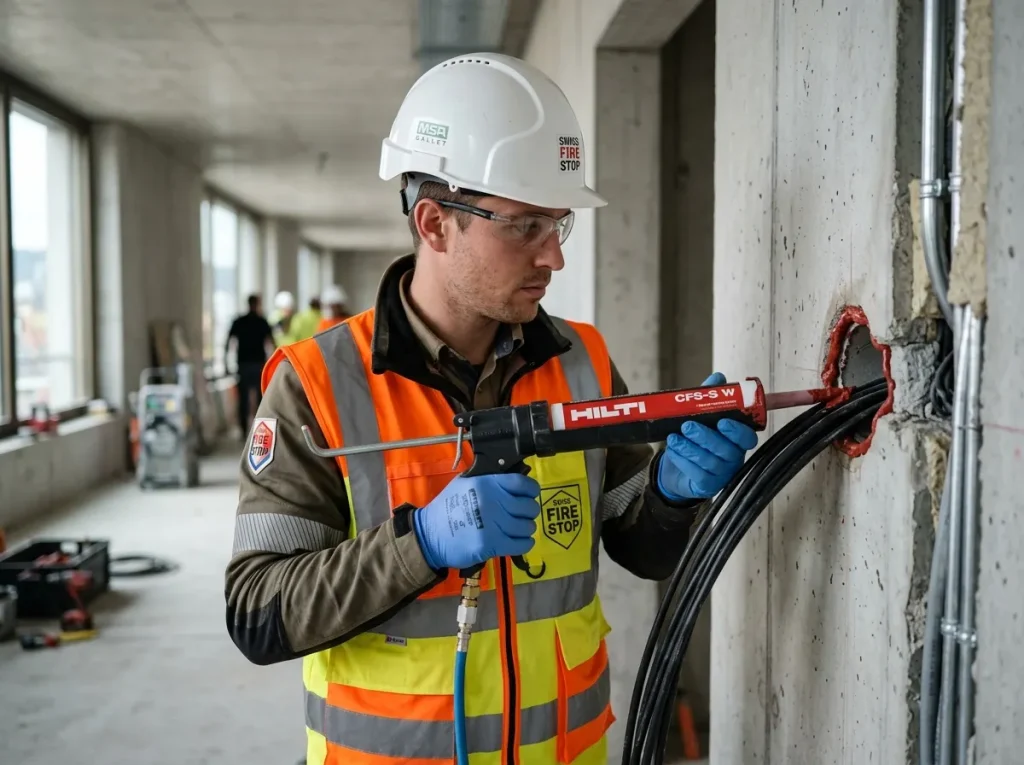 Un ouvrier réalisant une isolation et obturation coupe-feu dans un bâtiment genevois