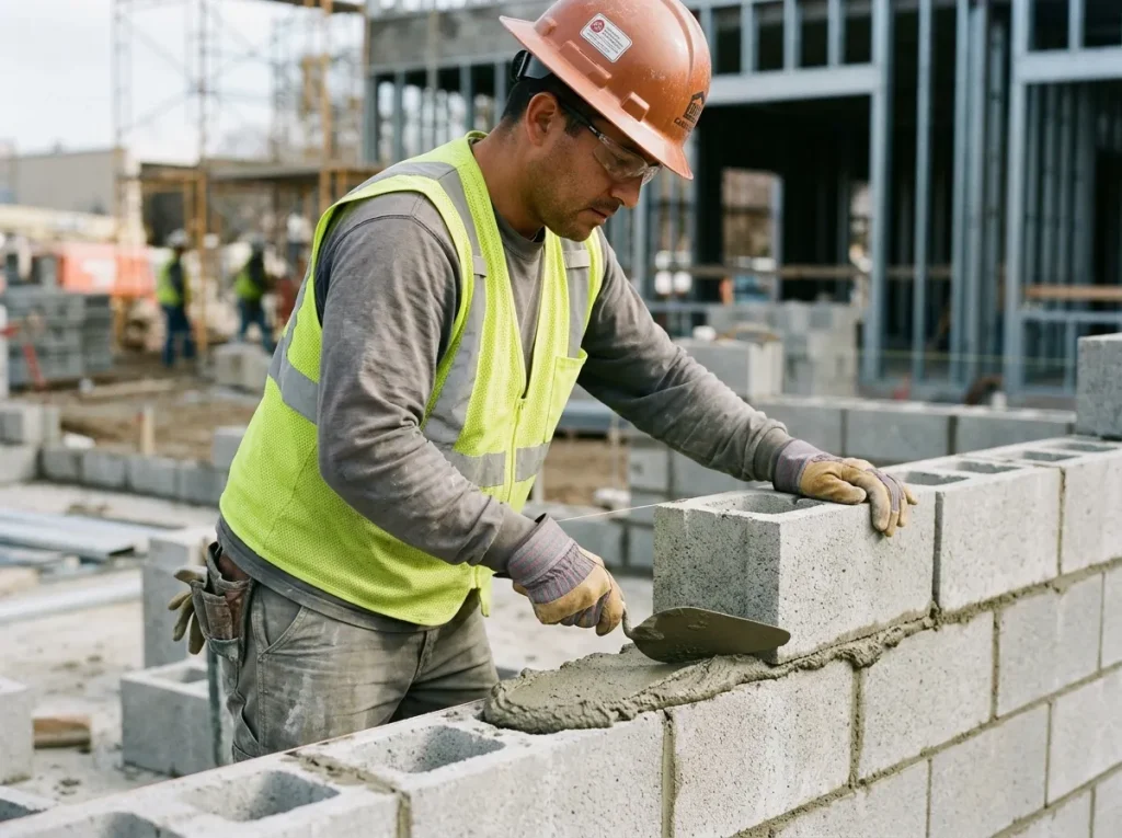 maçon qui construit un mûr avec sa truelle
