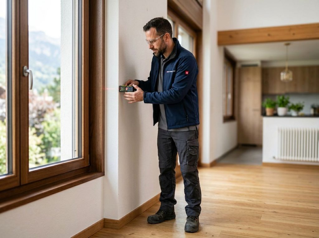 Un ouvrier contrôle avec un outil de mesure laser une ouverture dans une maison avant de commencer les petits travaux