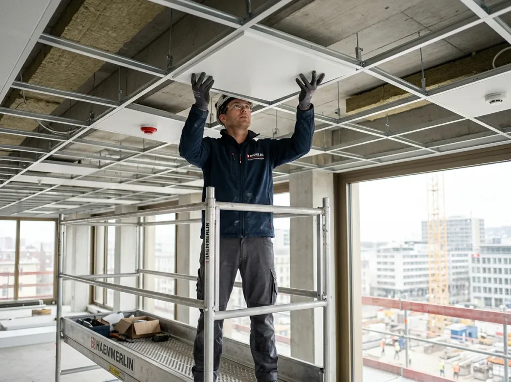 un ouvrier qui pose un faux plafond dans un batiment à Genève