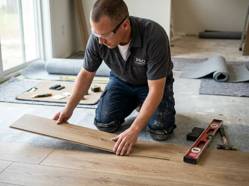 Un spécialiste réalisant à genou la pose d'un parquet dans un bureau à Genève