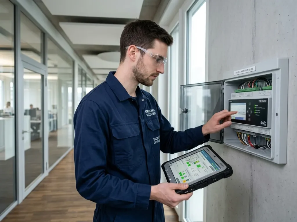 Technicien programmant un systeme d'automatisation du bâtiment