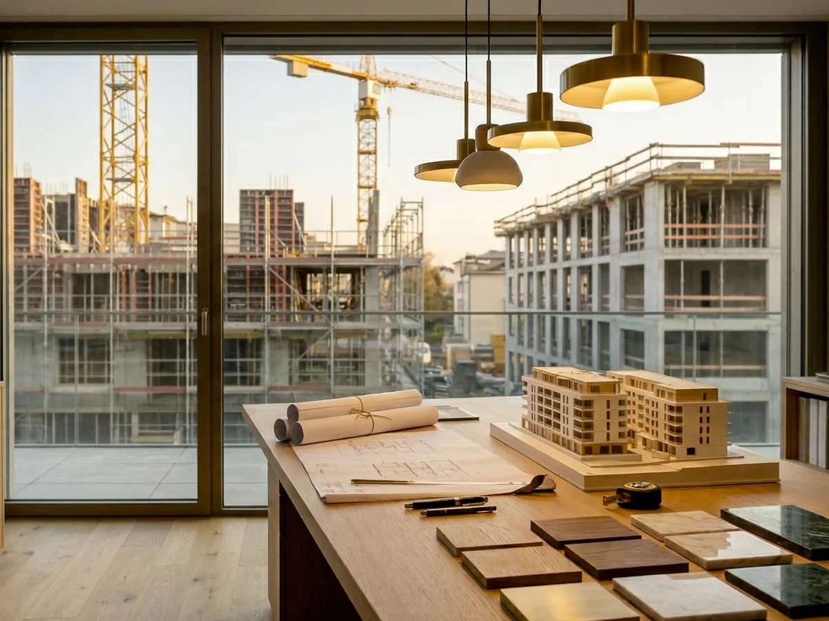 Bureau d'architecte d'intérieur avec plans, échantillons de matériaux et maquette, vue sur un chantier de construction à Genève
