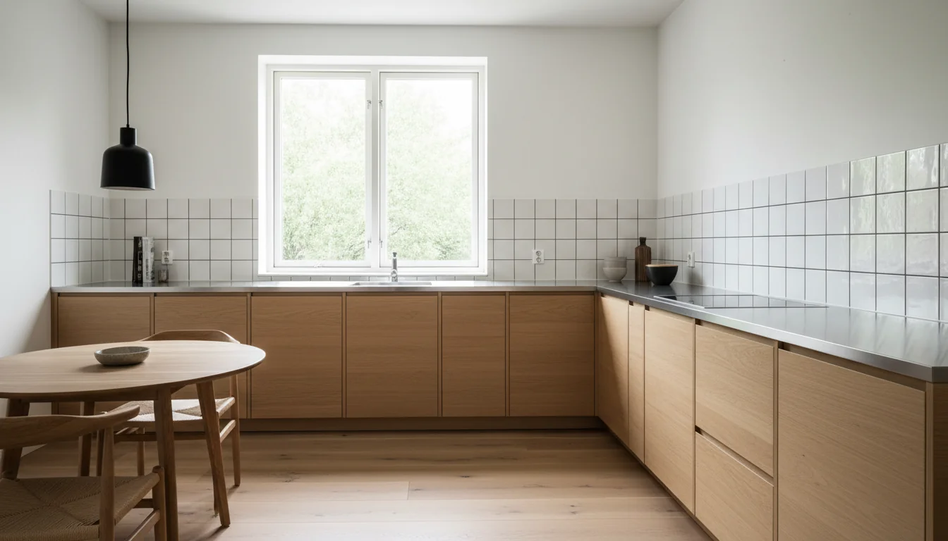 Overview of a sustainable kitchen with light bamboo fronts, a stainless steel worktop and a white splashback