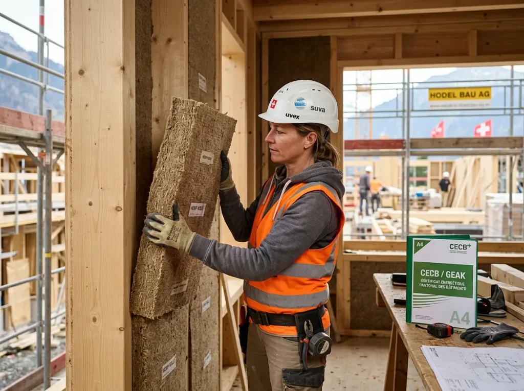 une ouvriere qui place de l'isolation dans une construction de batiment durable