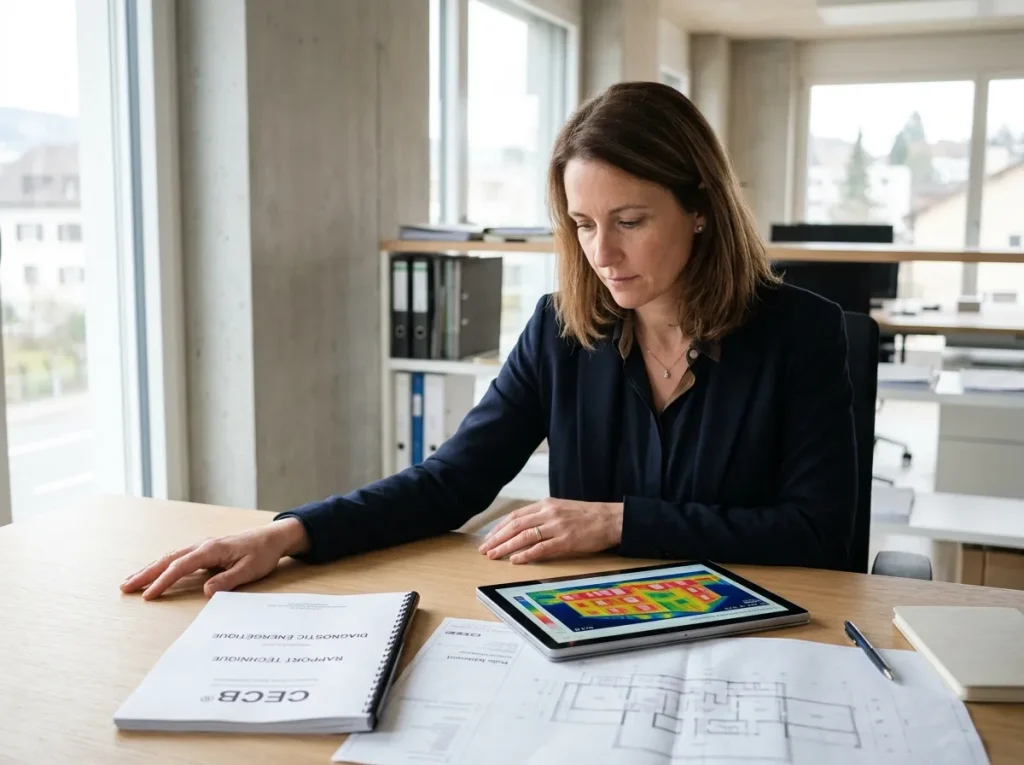 Un consultante étudiant un dossier de demande de subvention de rénovation énergétique dans le canton de Genève