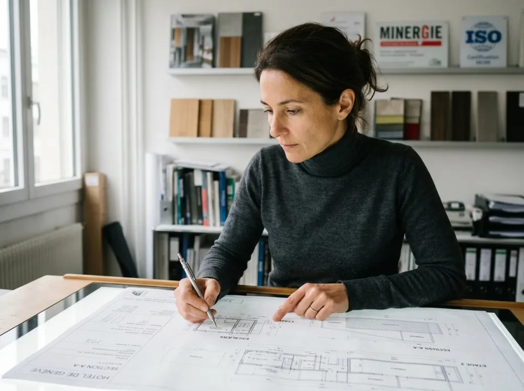Une architecte travaillant sur un plan de concept architectural à Genève