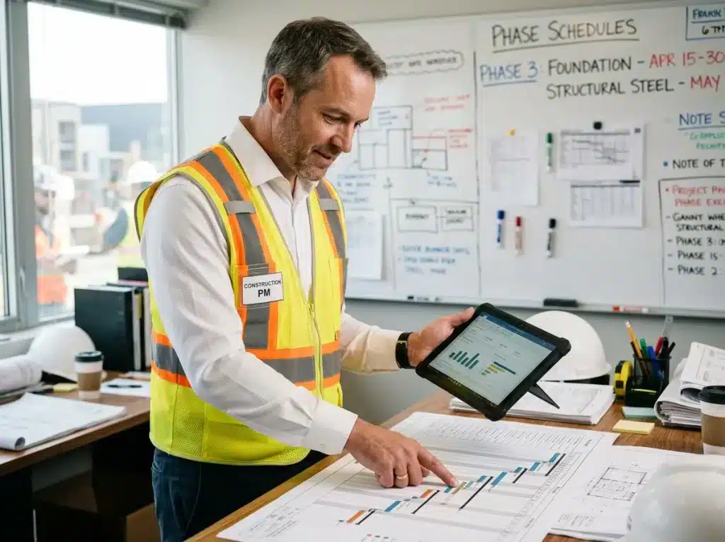 un responsable d'AMO et AME qui travaille sur le planning de livraison de chantier