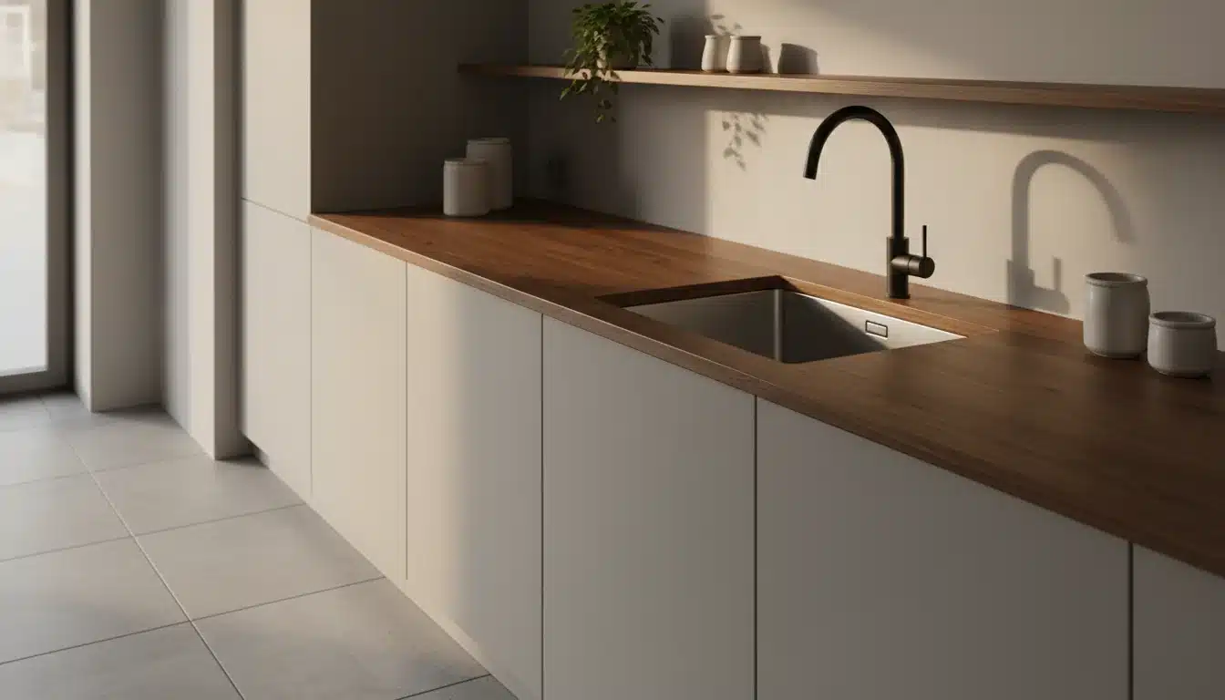 Undermount recycled stainless steel sink set in a dark wood worktop with matte black mixer tap