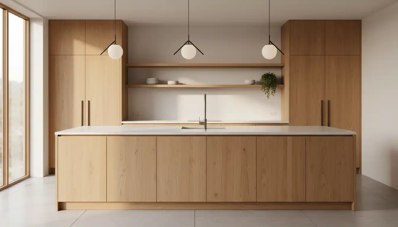 Solid oak kitchen cabinet fronts with a white quartz worktop and natural lighting