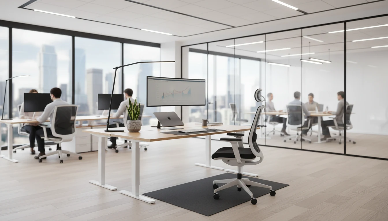 Sit-stand desk used in standing position in a corporate open-plan office with monitor and ergonomic chair