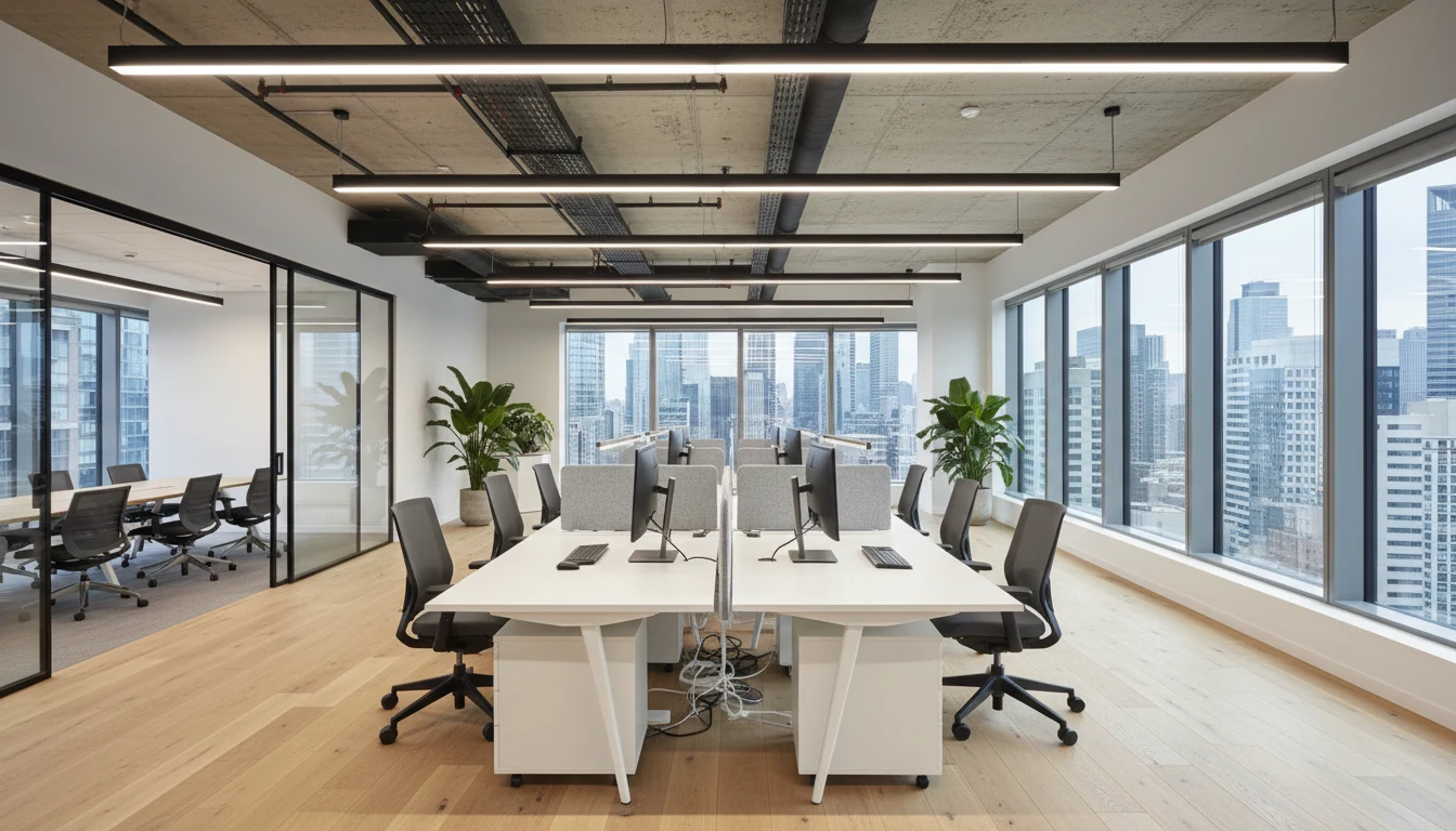 Shared bench desk in a corporate office with a long collaborative table and aligned monitors