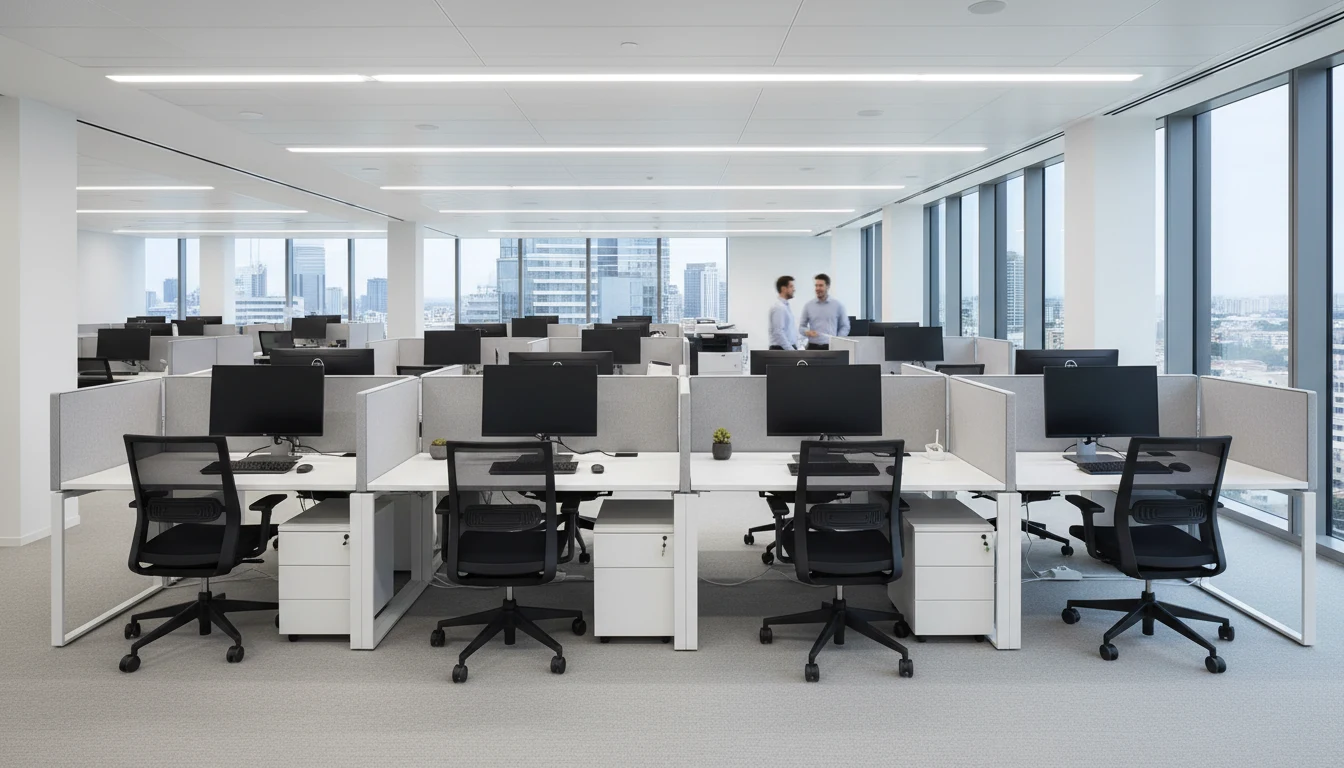 Modern office cubicles in a corporate open-plan with semi-open modular partitions