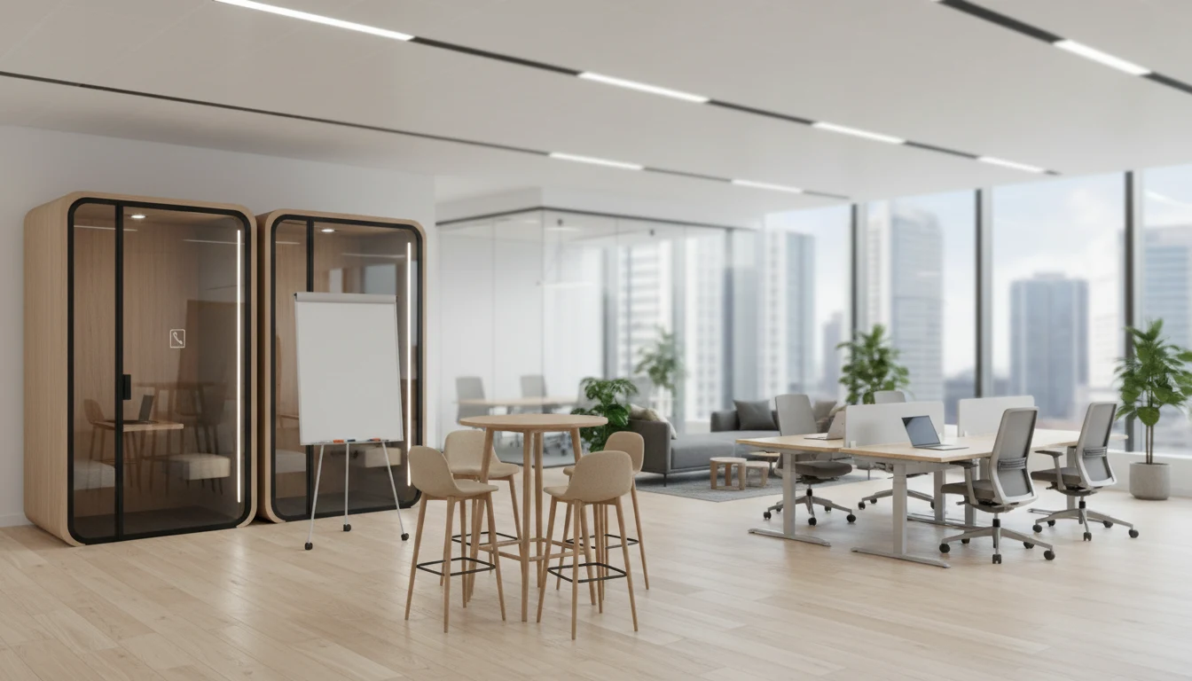 Hybrid and agile corporate workspace with multiple zones, a phone booth and a collaborative area