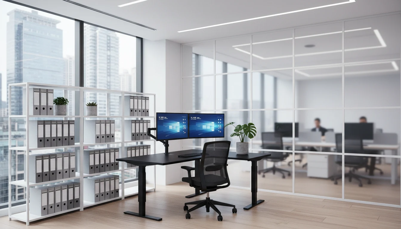 Private individual office with ergonomic furniture and a glass partition overlooking an open-plan office