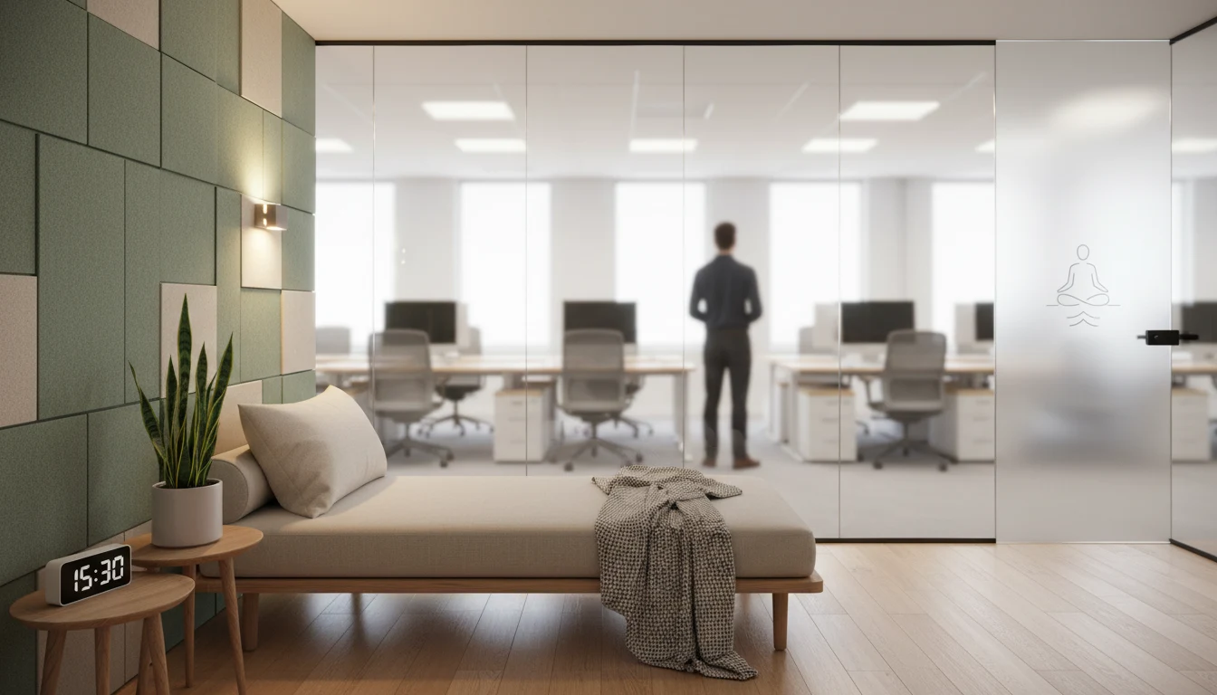 Corporate nap pod with a glass partition looking onto an open-plan office and acoustic panels