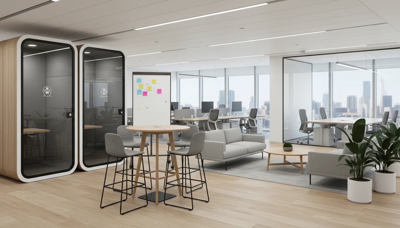 Corporate collaborative area with a standing-height table, phone booths and a lounge to support circulation and exchanges