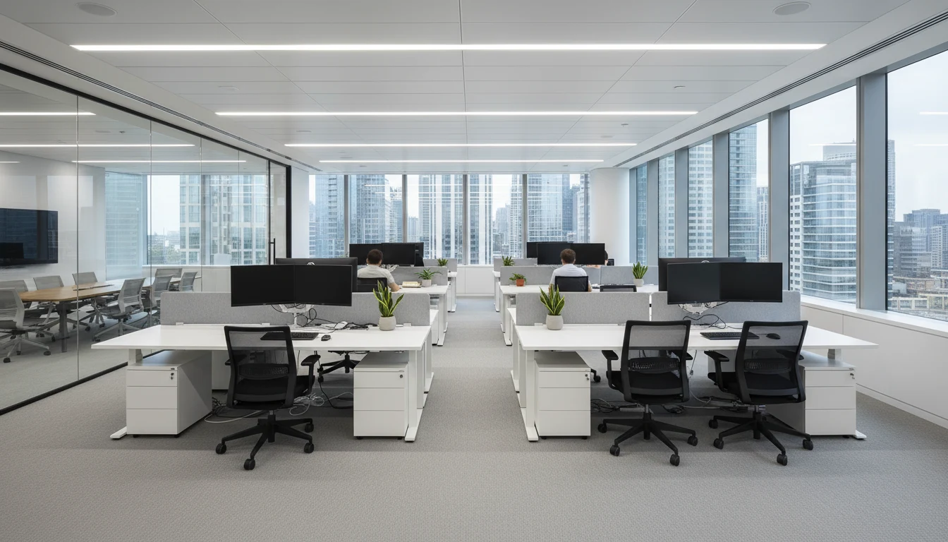 Modern corporate open-plan office with rows of workstations and glass partitions