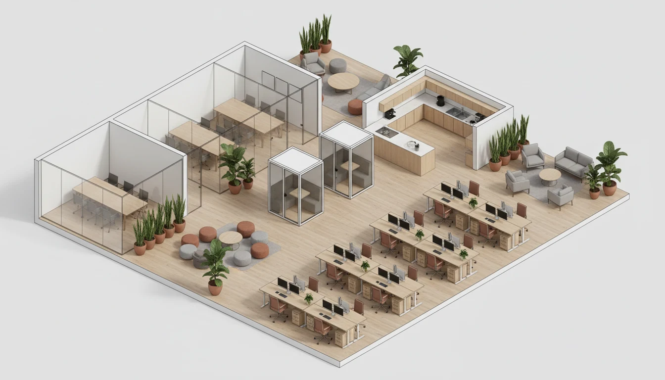 3D view of an office floor plan optimised through space planning with individual, collaborative and break zones