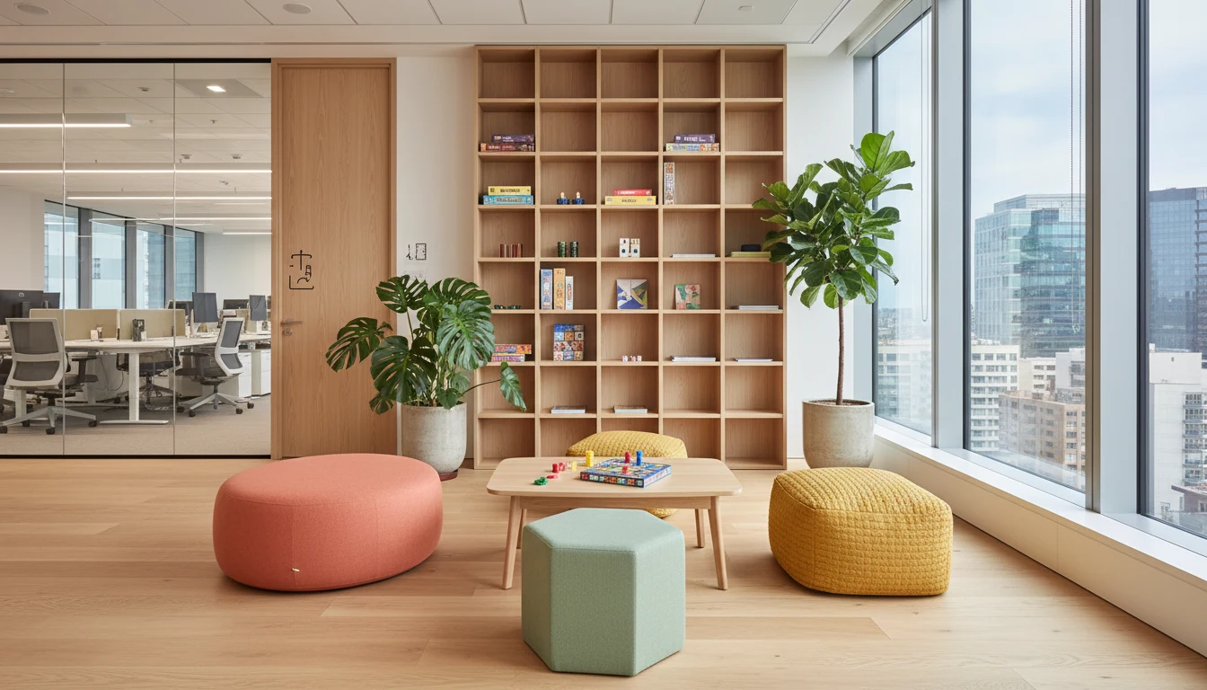 Corporate break room with colourful poufs, games, plants and a view onto a glass open-plan office