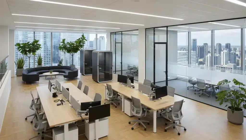 Vue d'ensemble d'un plateau de bureau pensé par le space planning avec postes de travail, salles de réunion vitrées et zones collaboratives