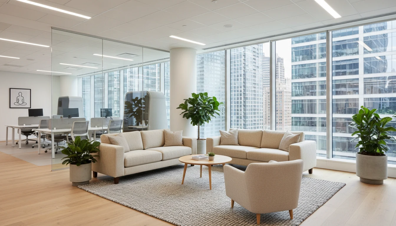 Corporate lounge break area with sofas and a glass partition opening onto an open-plan office