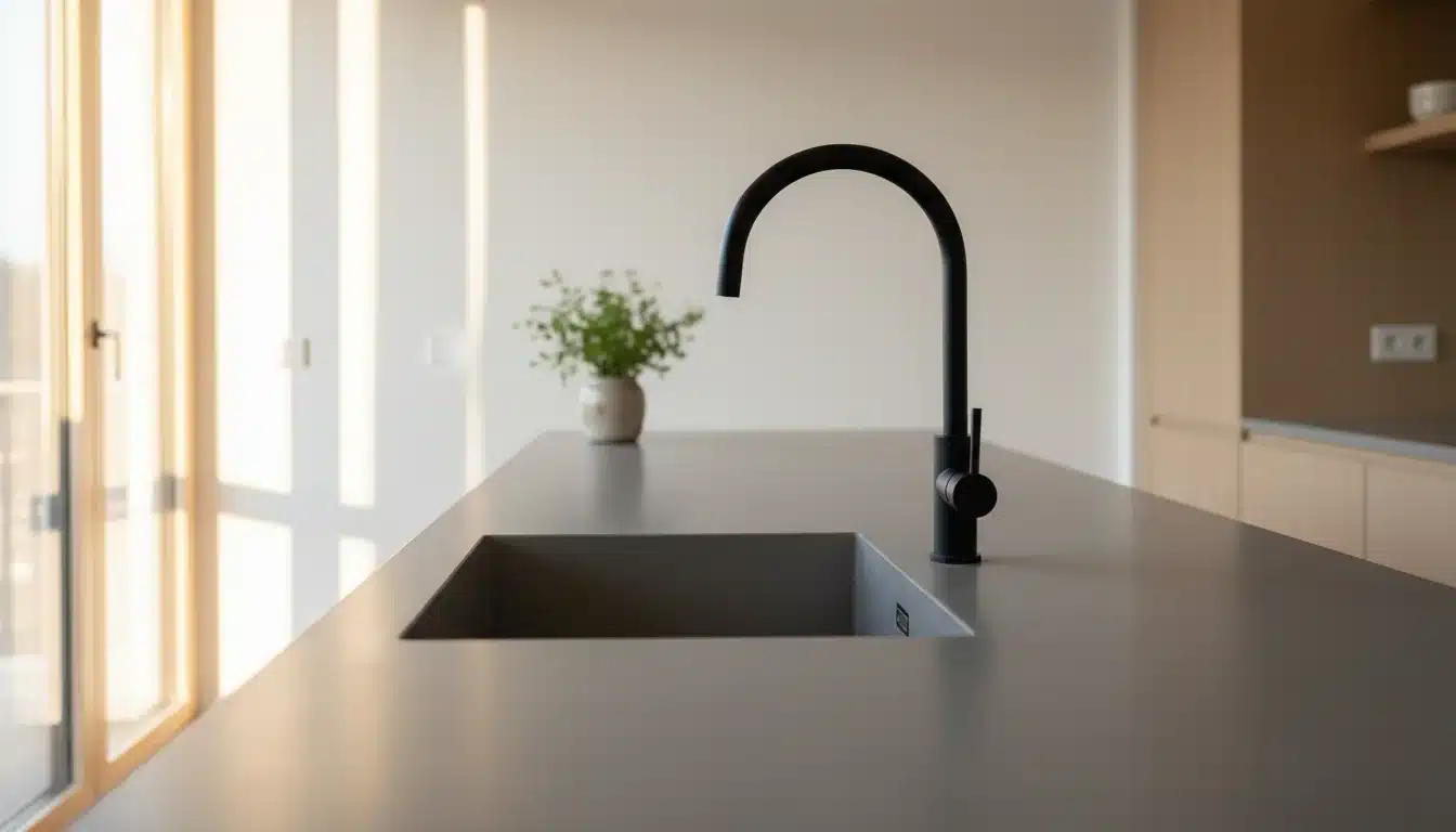 Matte grey polished concrete worktop with integrated sink and matte black mixer tap