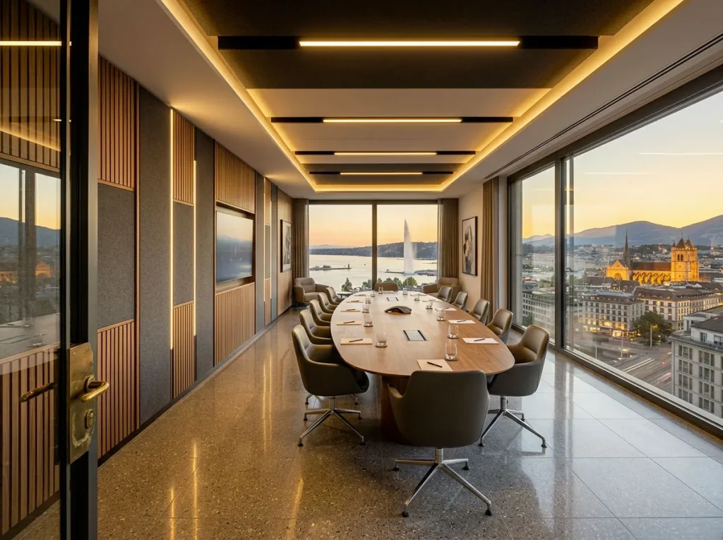 Rénovation et aménagement d'une salle de réunion avec un bureau et une baie vitrée avec vue sur Genève
