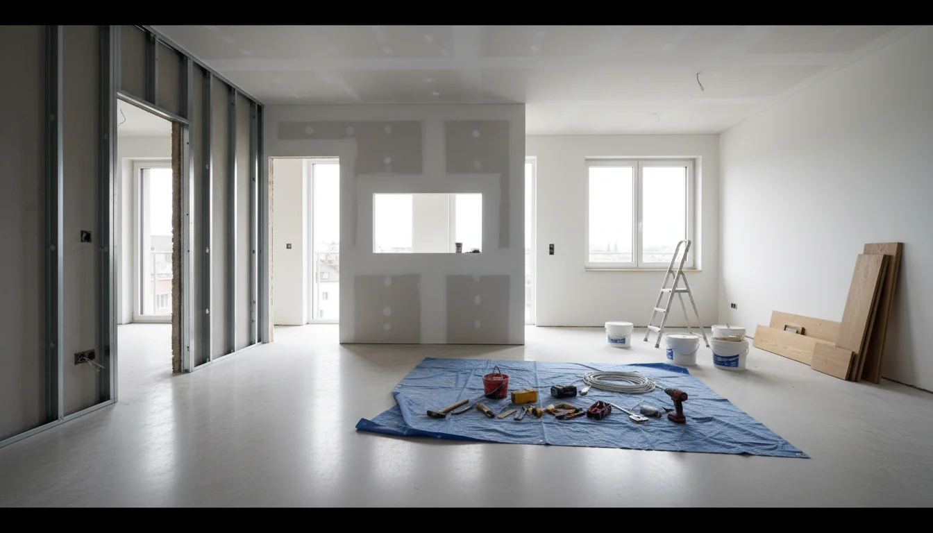 Geneva apartment interior mid-renovation with drywall partitions on visible metal studs, finished floor and natural light