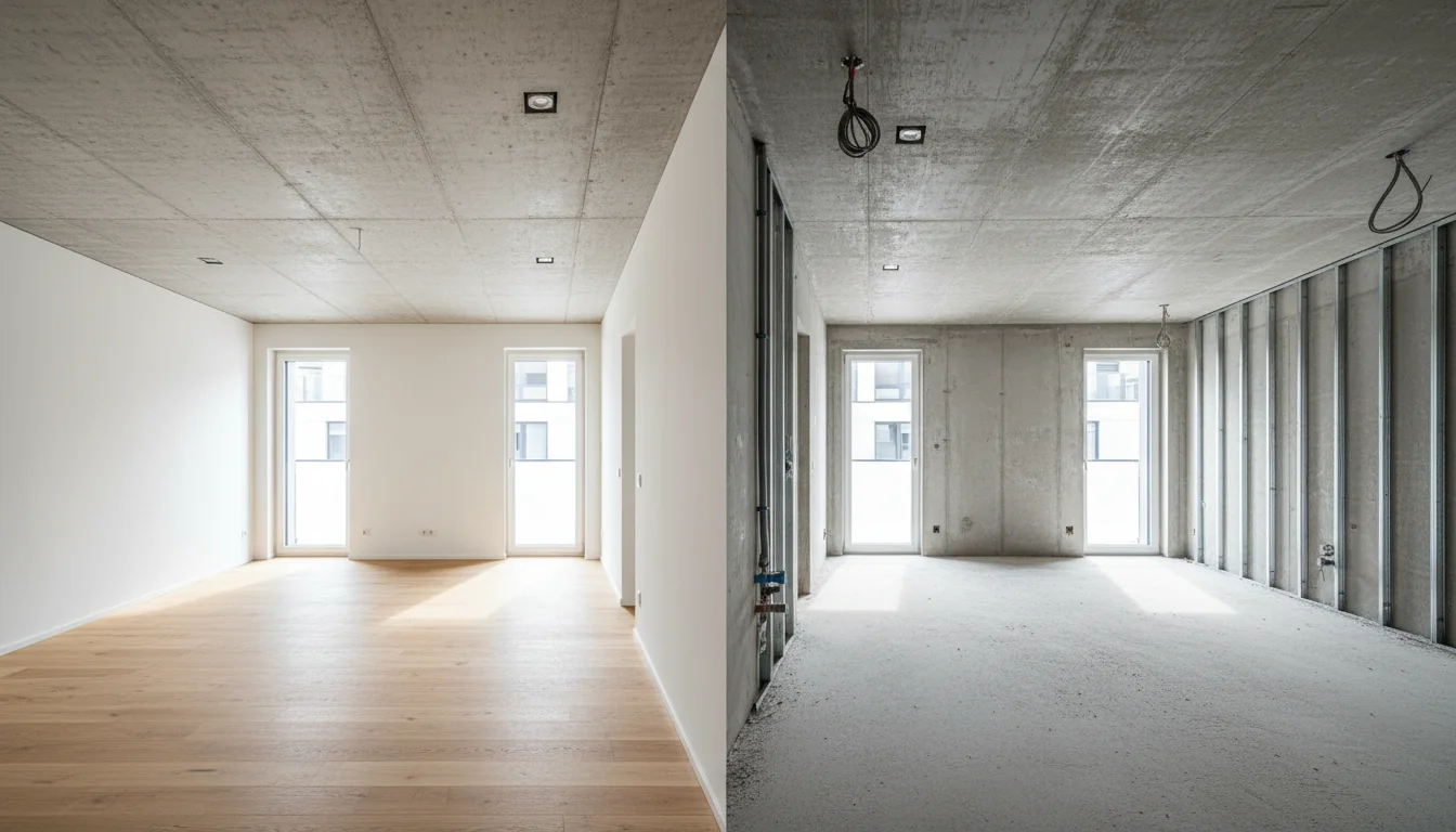 Interior view of a Geneva residential building under construction showing two stages, raw concrete on the right and painted finished side on the left