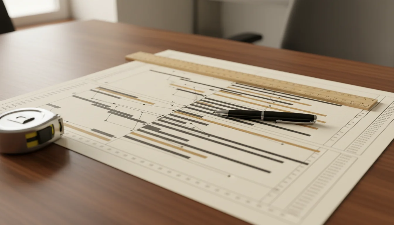 Detailed construction Gantt planning printed in large format on a meeting table with metal measuring tape and pen
