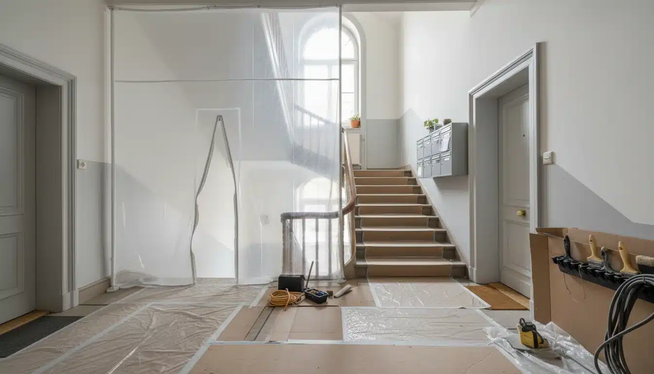 Cage d’escalier et hall d’un immeuble locatif genevois habité pendant les travaux, sols protégés et sas anti-poussière, boîtes aux lettres en service
