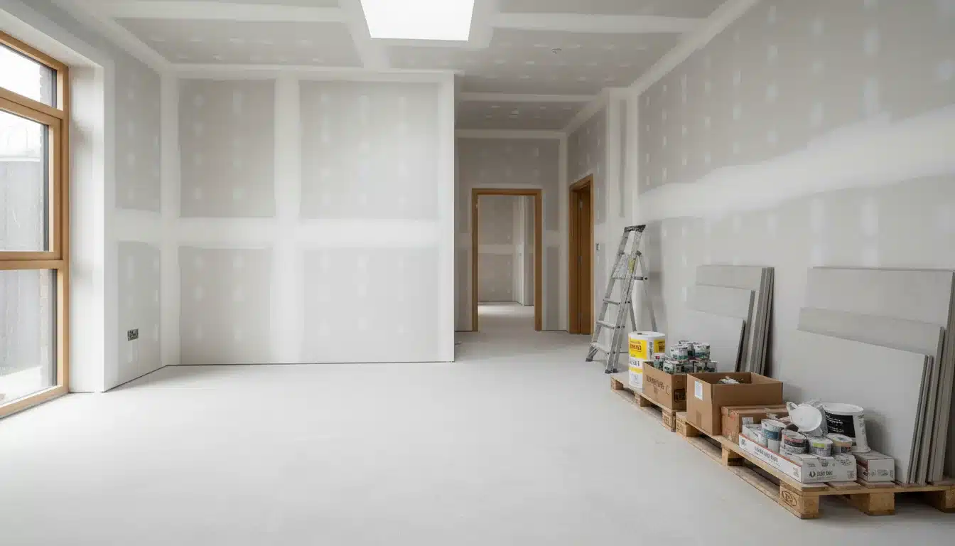 Chantier de finition organisé, cloisons en plaques de plâtre montées, chape en cours de séchage et matériaux rangés, plusieurs corps d’état en cours