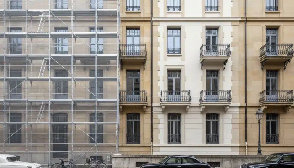 Façade d'un immeuble d'habitation ancien à Genève en cours de rénovation, moitié gauche sous échafaudage métallique, moitié droite déjà ravalée