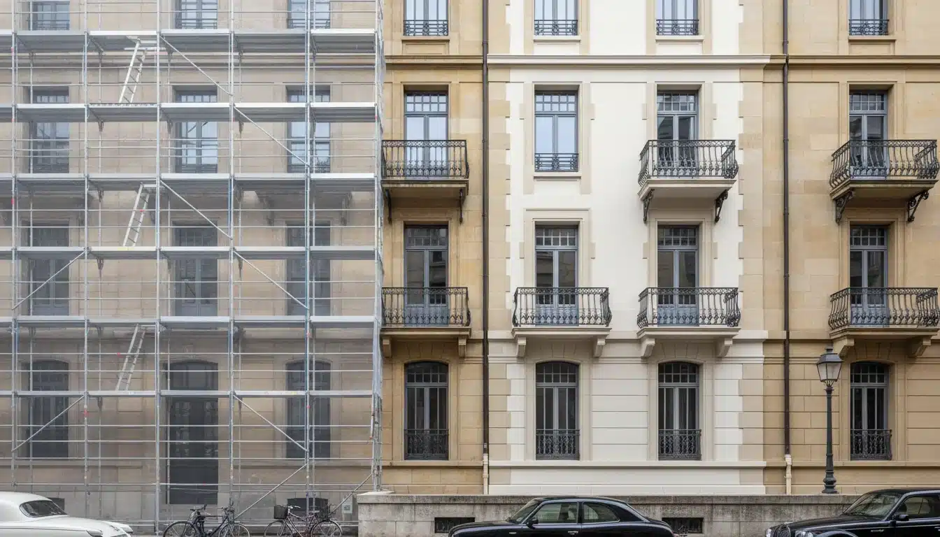Façade d’un immeuble d’habitation ancien à Genève en cours de rénovation, moitié gauche sous échafaudage métallique, moitié droite déjà ravalée