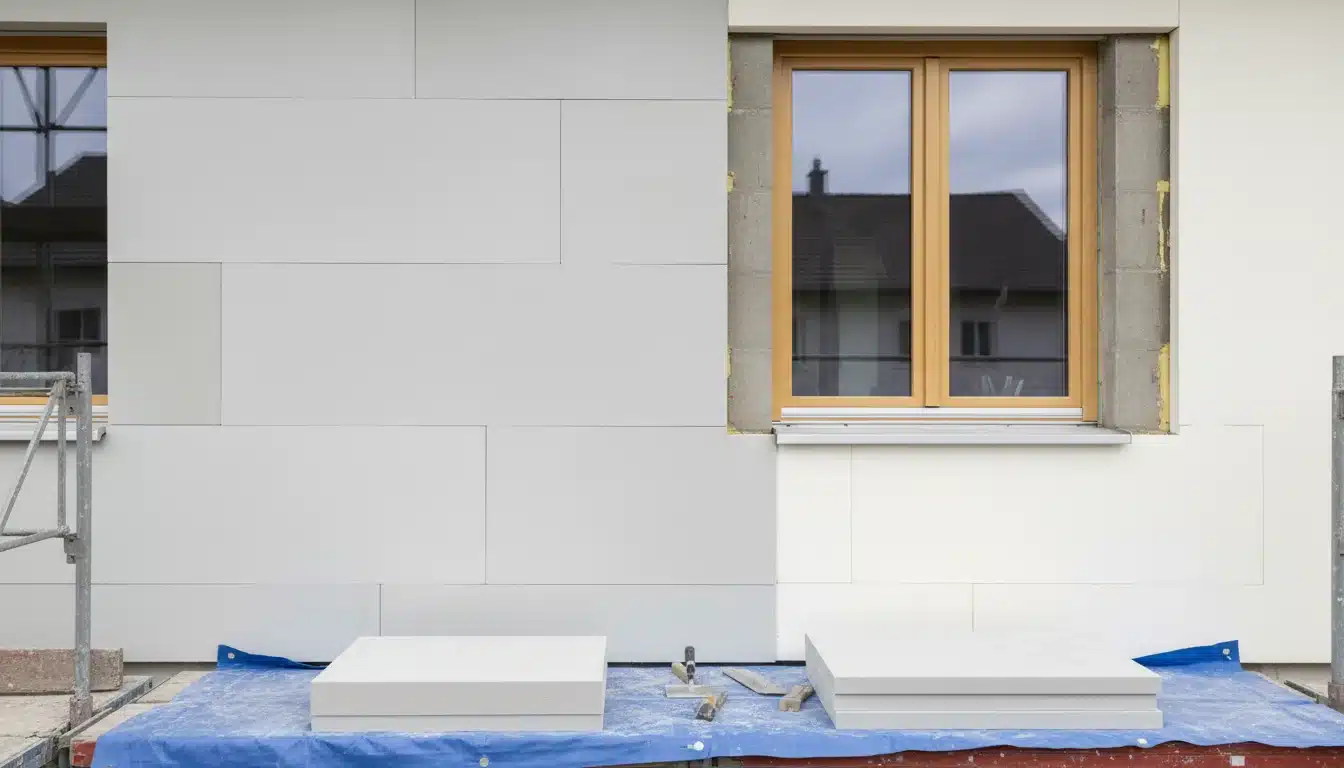 Rénovation énergétique de l’enveloppe d’un immeuble à Genève, panneaux d’isolation extérieure et nouvelle fenêtre triple vitrage posée dans la maçonnerie
