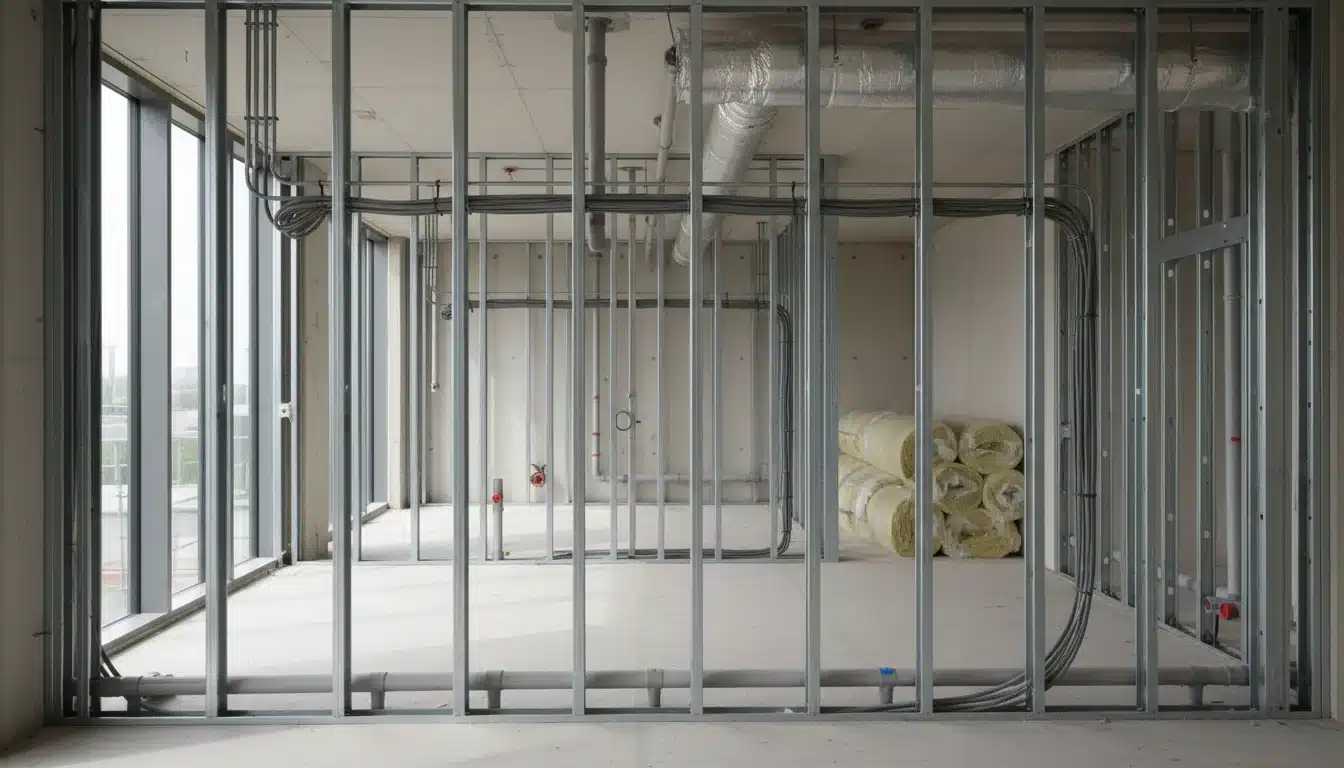Second œuvre d’un bâtiment, gaines électriques, conduites de plomberie et ventilation apparentes dans des cloisons non fermées avant la plâtrerie