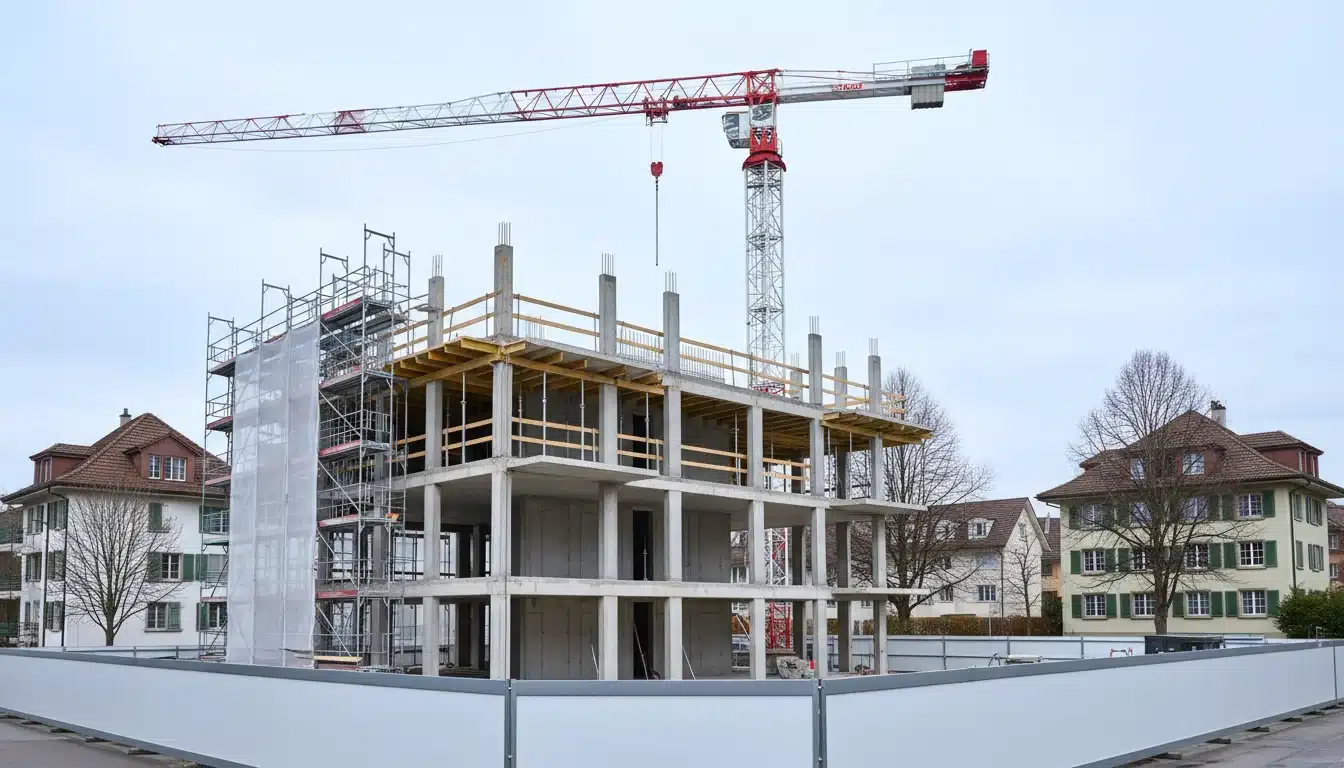 New build site authorised under a definitive request, concrete structure over several floors, scaffolding and a tower crane