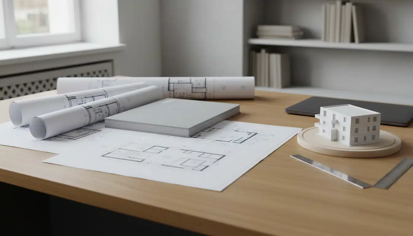 Building permit application file on an architect's desk, technical drawings unrolled, a card model of an apartment building and a scale rule
