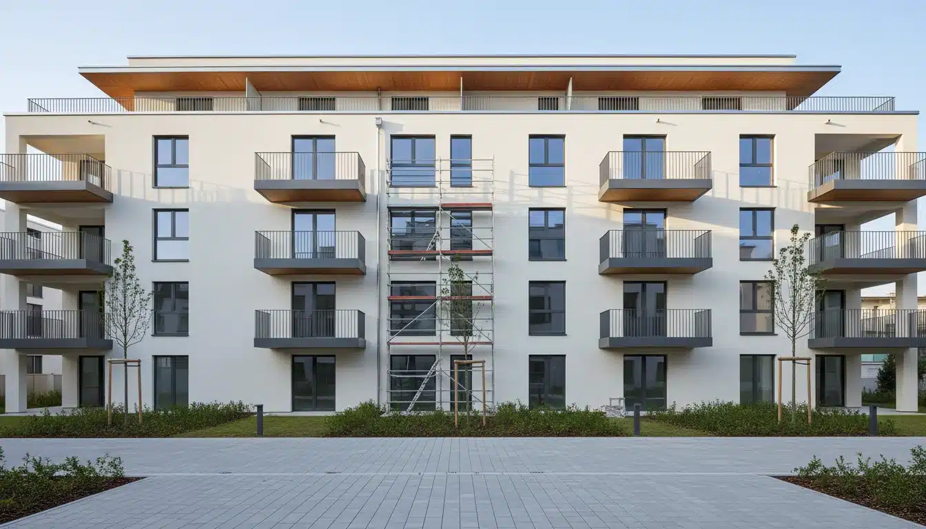 Newly completed apartment building at the end of the works, the last scaffolding being removed before the global certificate of conformity