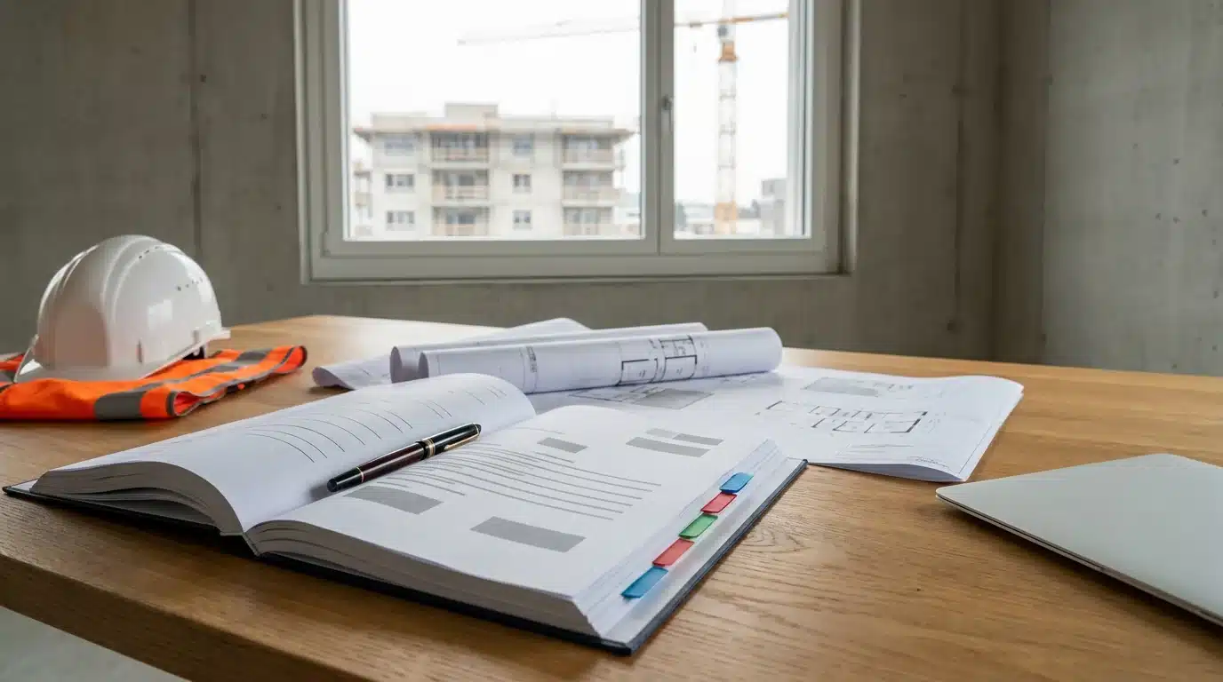 Contrat d'entreprise générale ouvert avec onglets de couleur et stylo plume sur une table de chantier, plans déroulés, casque et gilet de sécurité, grue visible par la fenêtre