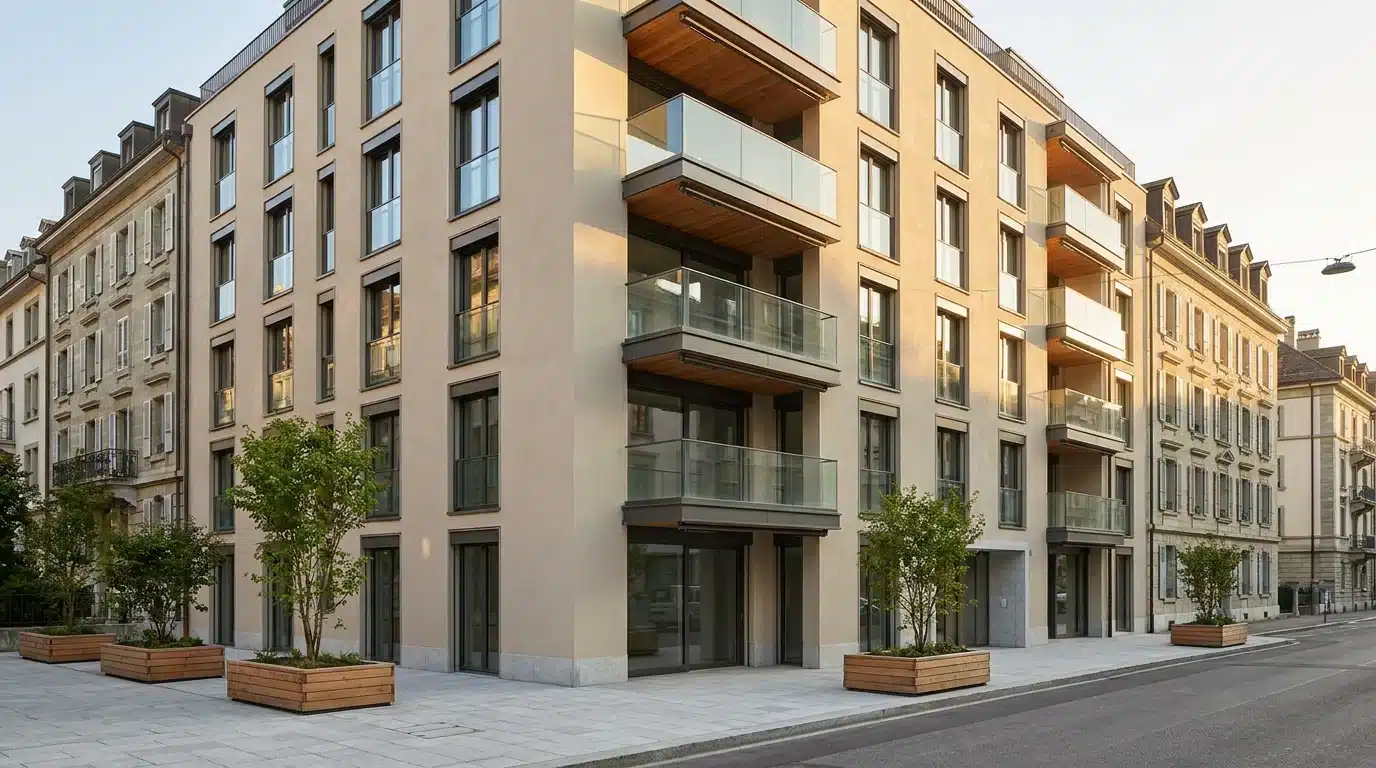 Immeuble d'habitation neuf livré dans une rue de Genève, façade crépie claire, balcons vitrés et arbres en bacs, entre deux bâtiments anciens