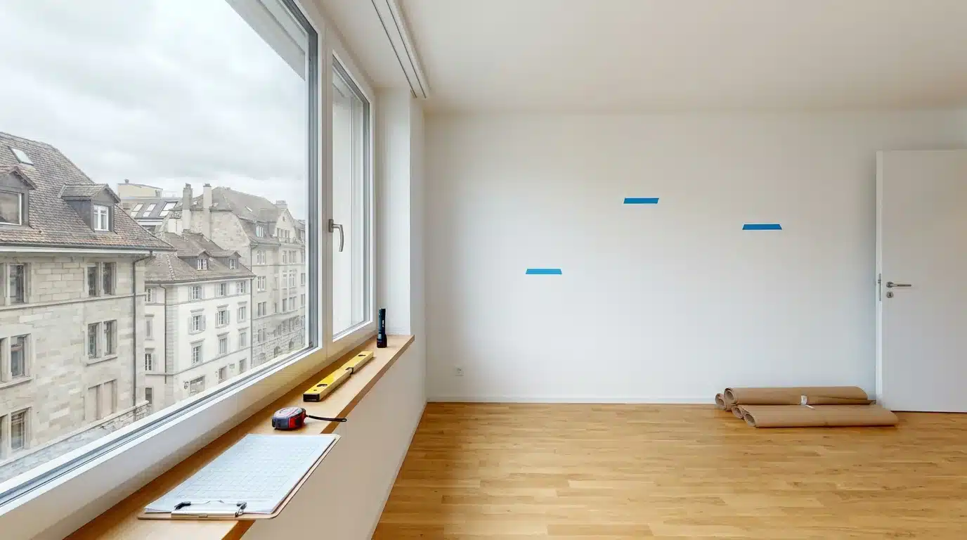 Appartement neuf vide le jour de la réception de l'ouvrage, défauts de finition signalés au ruban bleu sur un mur, niveau, mètre ruban et liste de contrôle posés sur le rebord de fenêtre